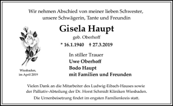Traueranzeige von Gisela Haupt von vrm-trauer