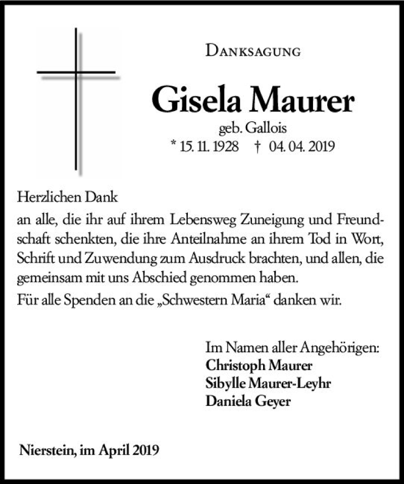  Traueranzeige für Gisela Maurer vom 27.04.2019 aus vrm-trauer