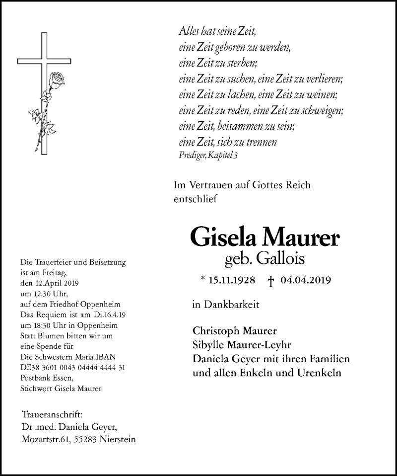  Traueranzeige für Gisela Maurer vom 08.04.2019 aus vrm-trauer