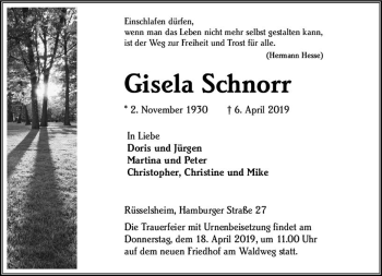 Traueranzeige von Gisela Schnorr von vrm-trauer