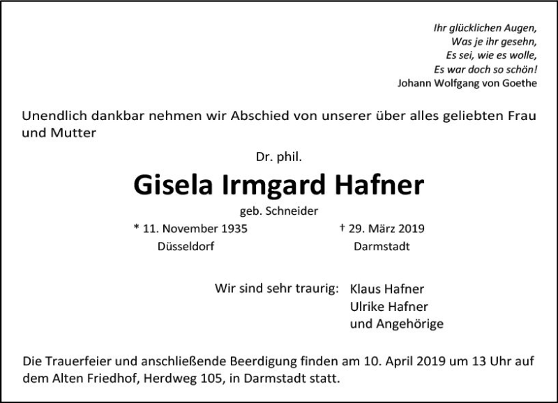  Traueranzeige für Gisela Irmgard Hafner vom 06.04.2019 aus vrm-trauer