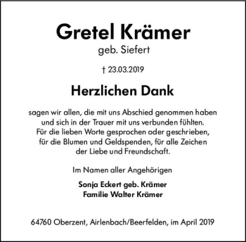 Traueranzeige von Gretel Krämer von vrm-trauer