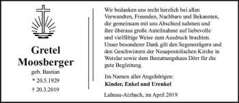 Traueranzeige von Gretel Moosberger von  Gießener Anzeiger