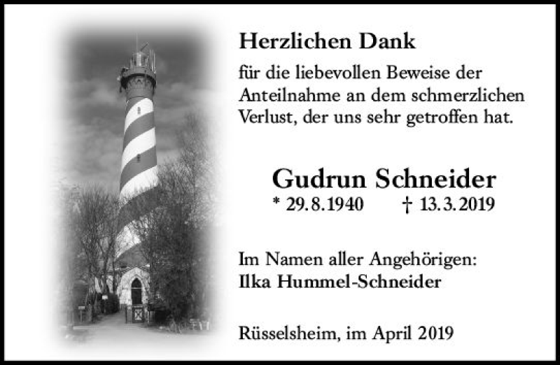  Traueranzeige für Gudrun Schneider vom 06.04.2019 aus vrm-trauer