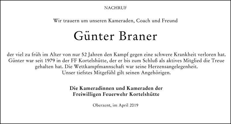  Traueranzeige für Günter Braner vom 03.04.2019 aus vrm-trauer