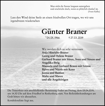 Traueranzeige von Günter Braner von vrm-trauer