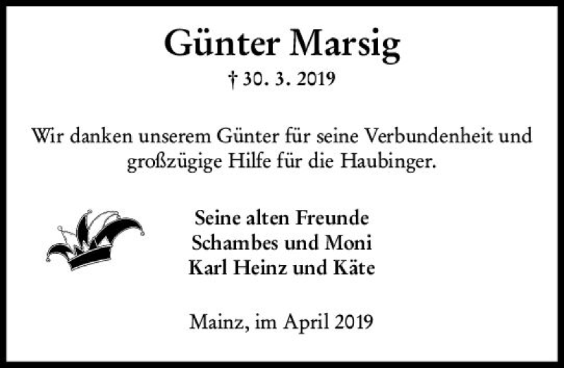  Traueranzeige für Günter Marsig vom 13.04.2019 aus vrm-trauer