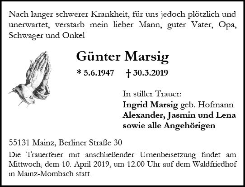  Traueranzeige für Günter Marsig vom 06.04.2019 aus vrm-trauer