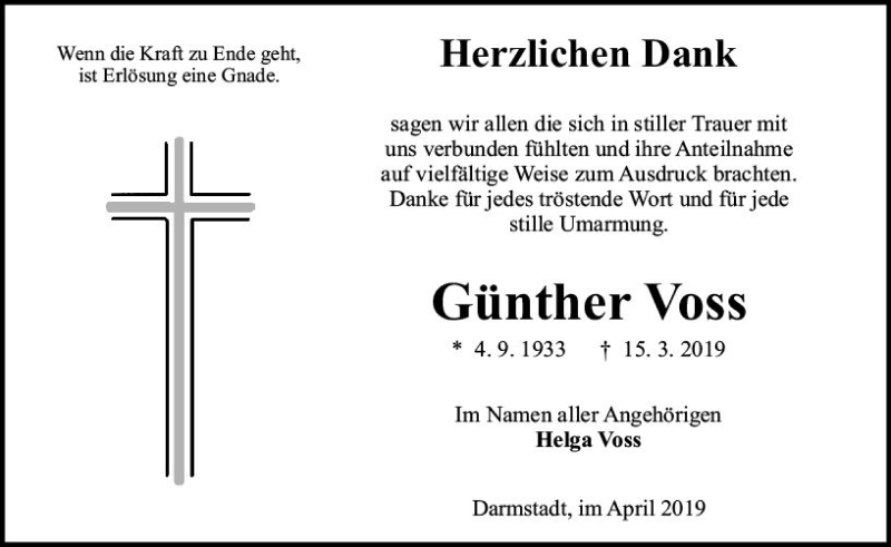  Traueranzeige für Günther Voss vom 13.04.2019 aus vrm-trauer