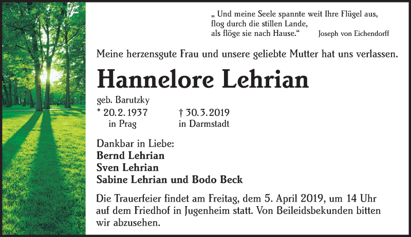  Traueranzeige für Hannelore Lehrian vom 03.04.2019 aus vrm-trauer