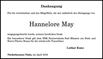 Traueranzeige von Hannelore May von vrm-trauer