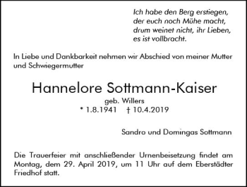 Traueranzeige von Hannelore Sottmann-Kaiser von vrm-trauer