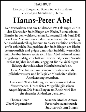 Traueranzeige von Hanns-Peter Abel von vrm-trauer