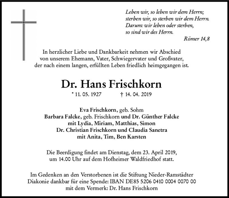  Traueranzeige für Hans Frischkorn vom 18.04.2019 aus vrm-trauer