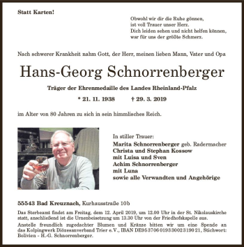 Traueranzeige von Hans-Georg Schnorrenberger von vrm-trauer