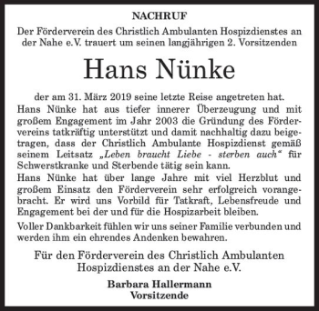 Traueranzeige von Hans Nünke von vrm-trauer