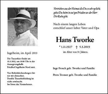 Traueranzeige von Hans Tworke von vrm-trauer