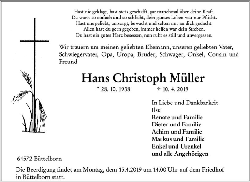  Traueranzeige für Hans Christoph Müller vom 13.04.2019 aus vrm-trauer