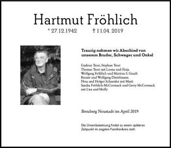 Traueranzeige von Hartmut Fröhlich von vrm-trauer