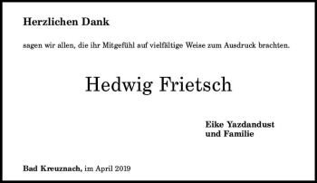 Traueranzeige von Hedwig Frietsch von vrm-trauer