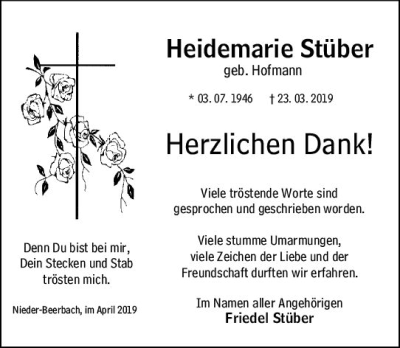  Traueranzeige für Heidemarie Stüber vom 20.04.2019 aus vrm-trauer