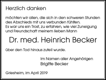 Traueranzeige von Heinrich Becker von vrm-trauer