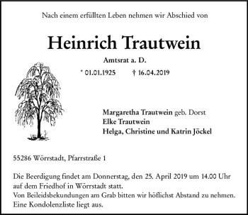Traueranzeige von Heinrich Trautwein von vrm-trauer