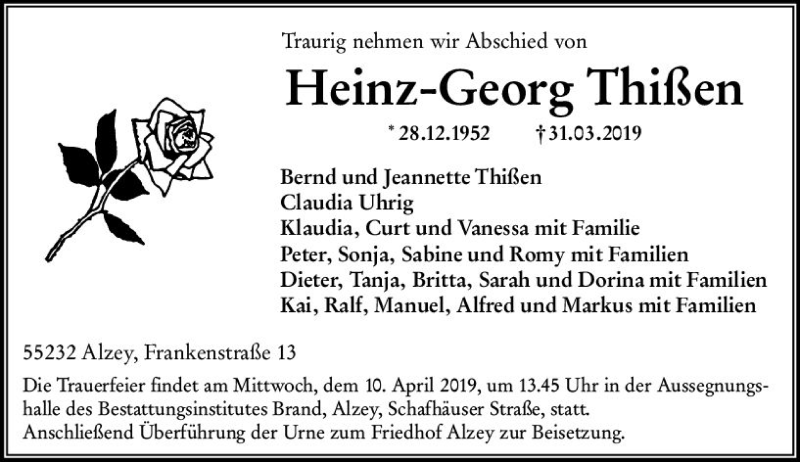  Traueranzeige für Heinz-Georg Thißen vom 06.04.2019 aus vrm-trauer