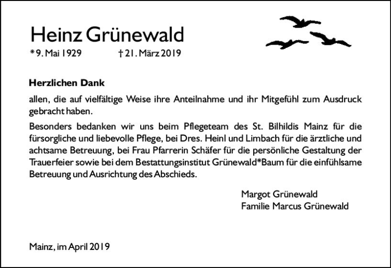  Traueranzeige für Heinz Grünewald vom 20.04.2019 aus vrm-trauer