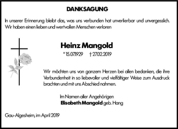 Traueranzeige von Heinz Mangold von vrm-trauer