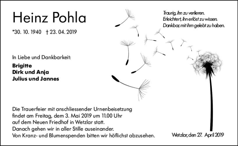  Traueranzeige für Heinz Pohla vom 27.04.2019 aus  WNZ - Wetzlarer Neue Zeitung ()