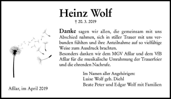 Traueranzeige von Heinz Wolf von  WNZ - Wetzlarer Neue Zeitung ()