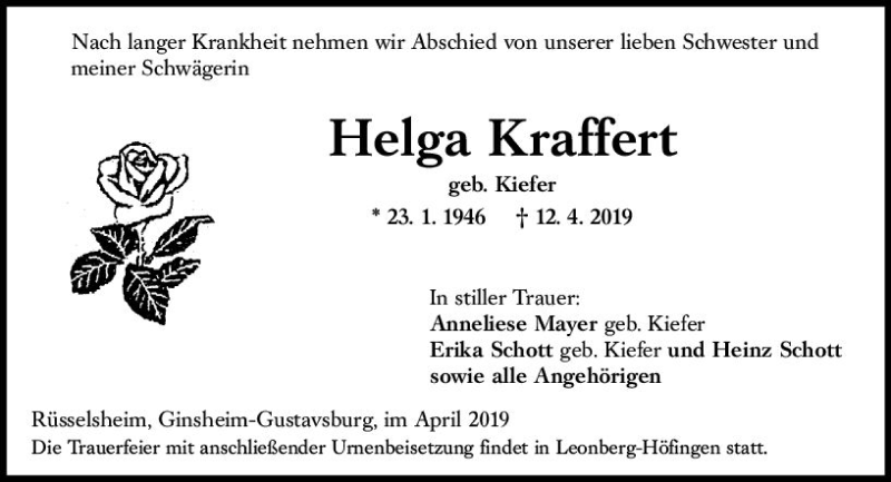  Traueranzeige für Helga Kraffert vom 20.04.2019 aus vrm-trauer