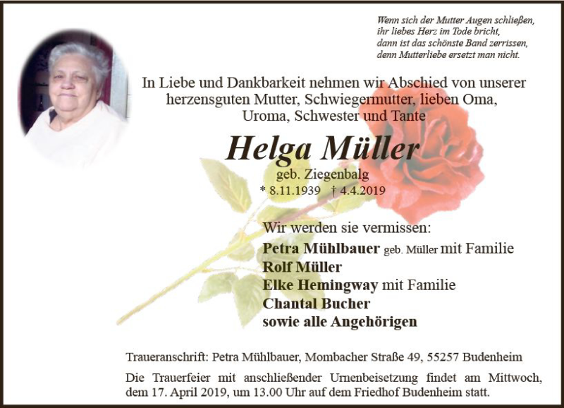 Traueranzeige für Helga Müller vom 13.04.2019 aus vrm-trauer