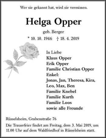 Traueranzeige von Helga Opper von vrm-trauer