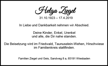 Traueranzeige von Helga Ziegel von vrm-trauer