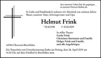 Traueranzeige von Helmut Frink von vrm-trauer