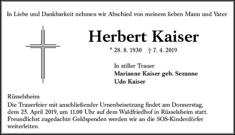  Traueranzeige für Herbert Kaiser vom 13.04.2019 aus vrm-trauer