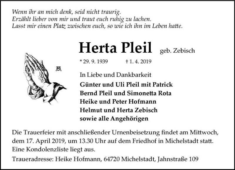  Traueranzeige für Herta Pleil vom 13.04.2019 aus vrm-trauer
