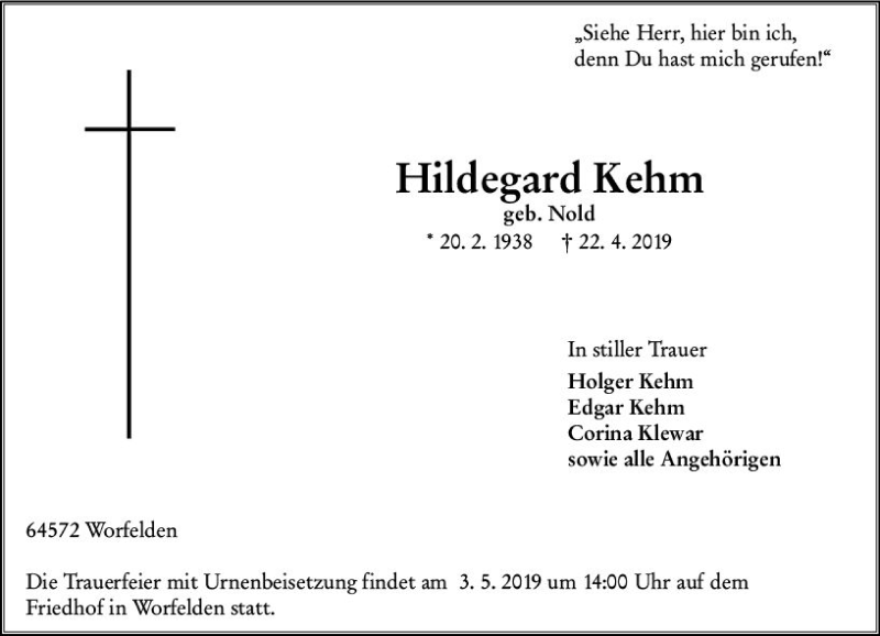  Traueranzeige für Hildegard Kehm vom 30.04.2019 aus vrm-trauer