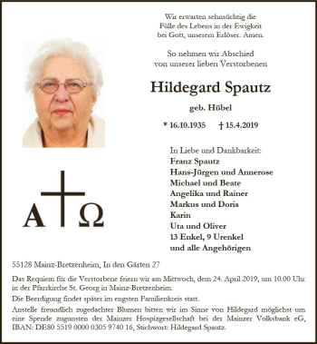 Traueranzeige von Hildegard Spautz von vrm-trauer