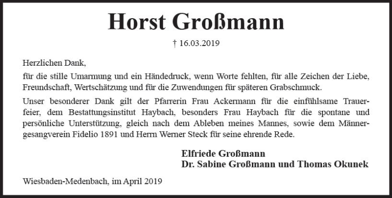  Traueranzeige für Horst Großmann vom 13.04.2019 aus vrm-trauer