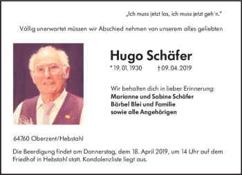 Traueranzeige von Hugo Schäfer von vrm-trauer