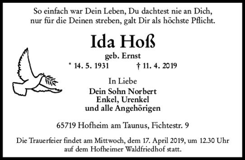  Traueranzeige für Ida Hoß vom 16.04.2019 aus vrm-trauer