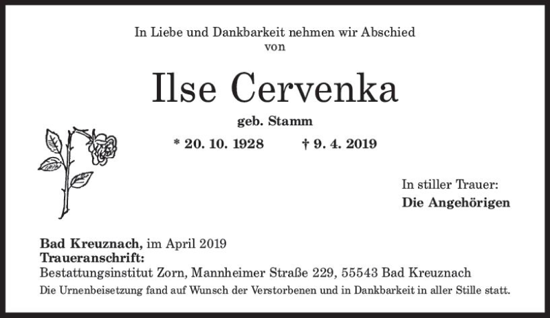  Traueranzeige für Ilse Cervenka vom 27.04.2019 aus vrm-trauer