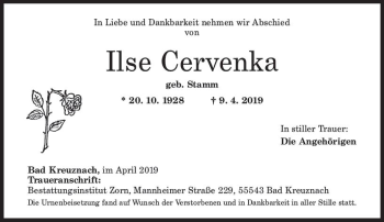 Traueranzeige von Ilse Cervenka von vrm-trauer