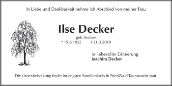 Traueranzeige von Ilse Decker von vrm-trauer