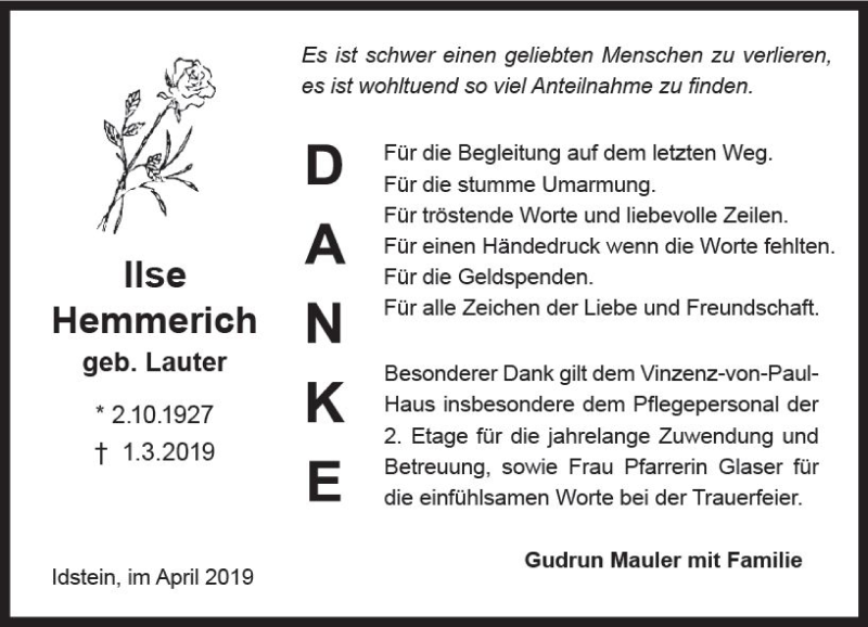  Traueranzeige für Ilse Hemmerich vom 13.04.2019 aus vrm-trauer