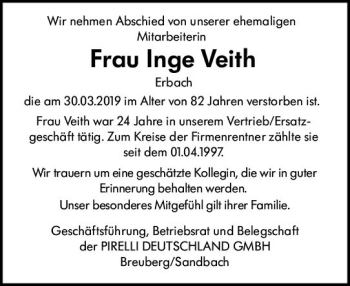 Traueranzeige von Inge Veith von vrm-trauer
