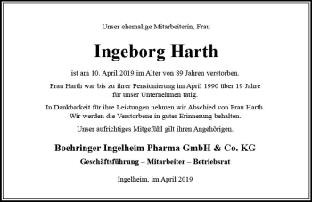 Traueranzeige von Ingeborg Harth von vrm-trauer